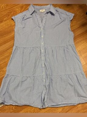 LOFT Outlet Striped Tiered Shirtdress Blue White XL Lyocell Cotton Sleeveless